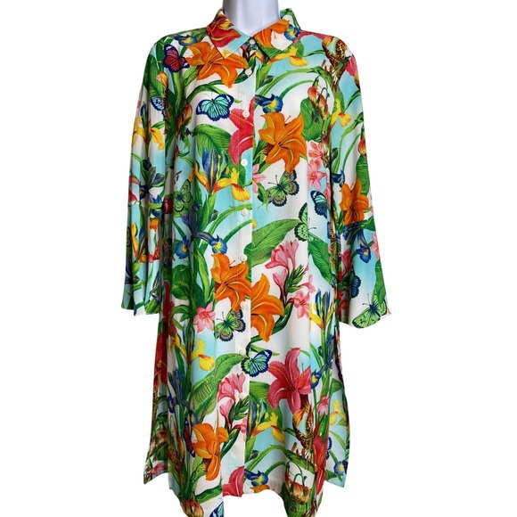 Linea by Louis Dell'Olio Dresses & Skirts - Linea Louis Dell'Olio Womens Blue Floral Butterfly Shirt Dress Sz S Resortwear